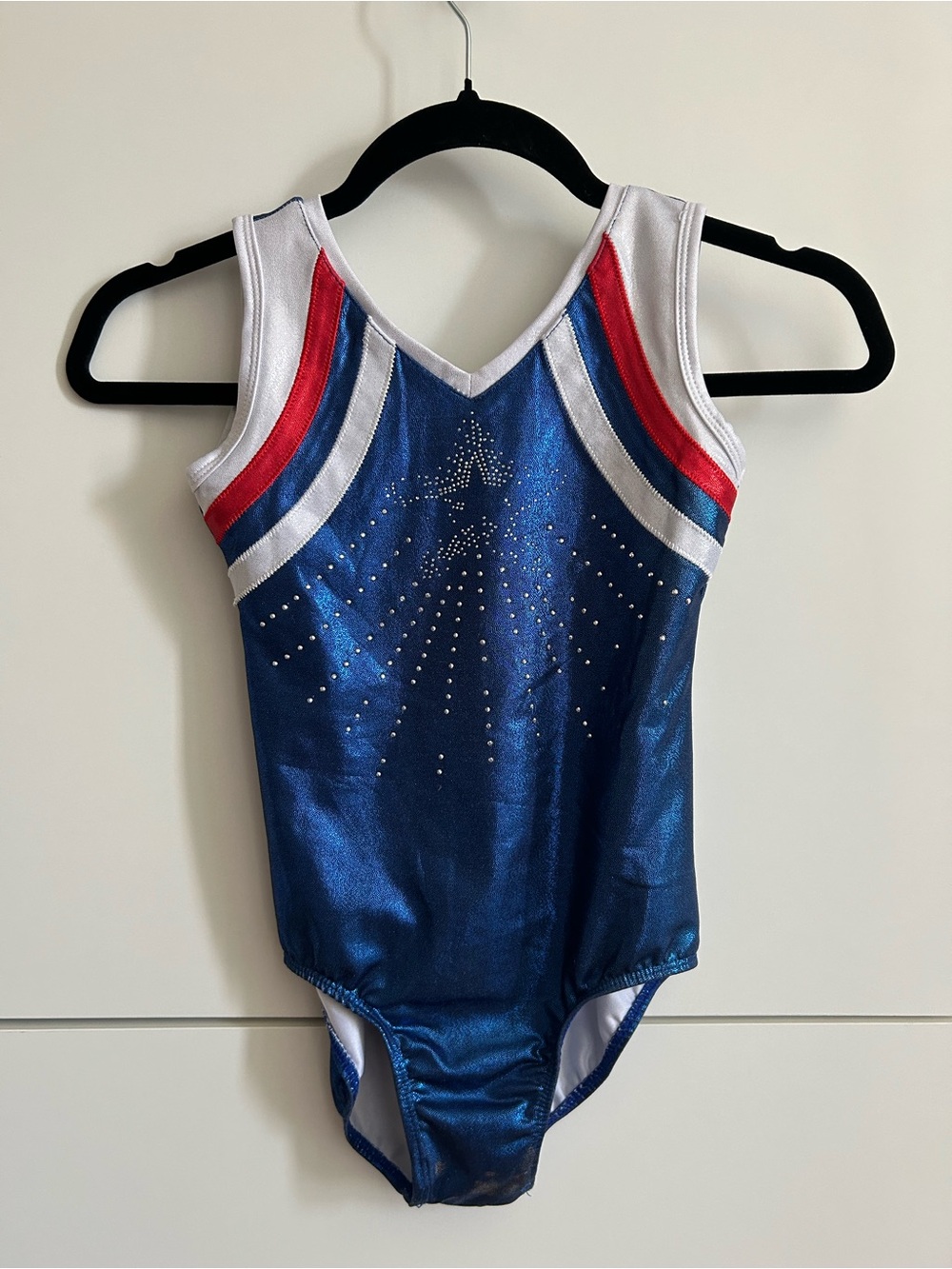 Girls Metallic Blue Gymnastics Leotard with Red & White Accents - Size 8